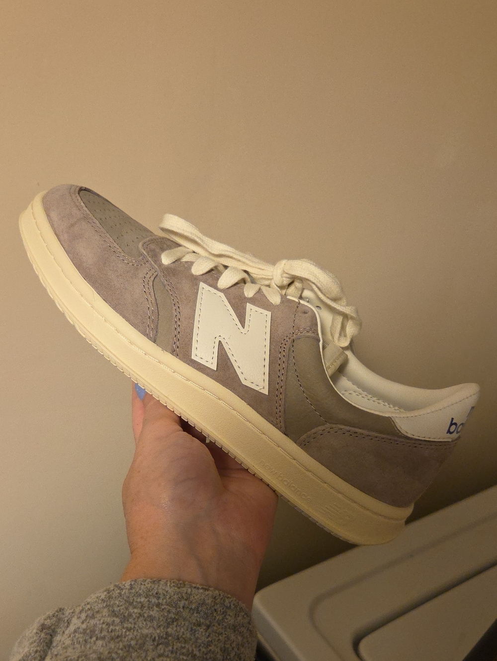 New Balance T500 Suede Low-Top Sneaker in Gray and Cream 8.5m...10w